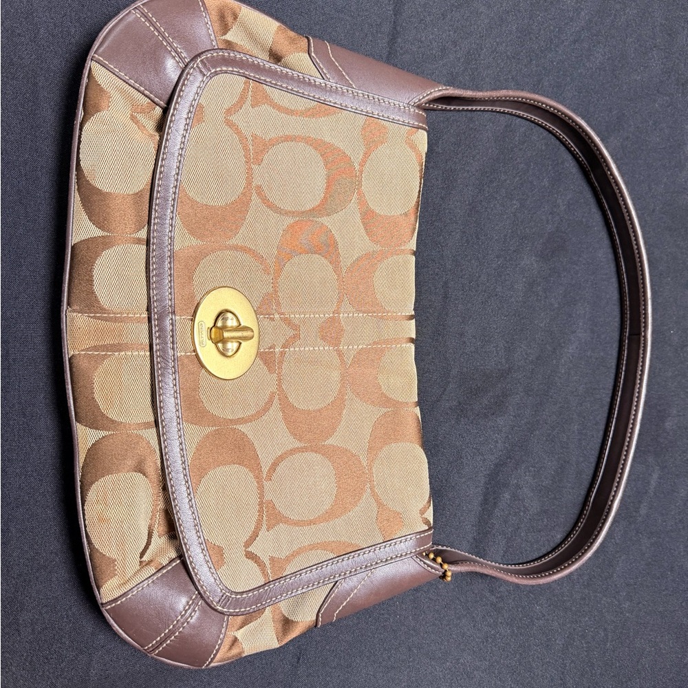 Coach Tan and Brown Shoulder Bag with Gold Turn-Lock